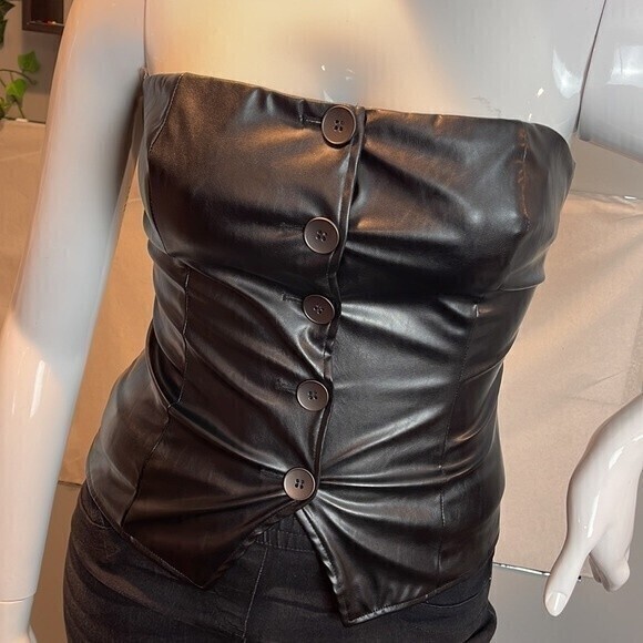Button Up Strapless Faux Leather Top Black Size M RefM100 - Picture 10 of 11